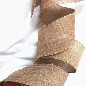 Natural Tan Wired Ribbon 2.5" by 3 yds Rustic Country Gold Metallic Edge Fall - Picture 1 of 6
