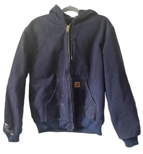 Carhartt J130 MDT Hooded Jacket Navy Blue Quilted Size Medium Distressed - Picture 1 of 9