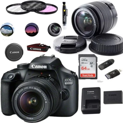 Canon EOS 4000D / Rebel T100 18-55mm 18MP Digital Camera W/ 64GB Starter Kit - Image 1 of 4