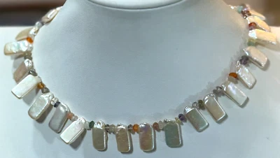 Iridescent Pink Cream Tablet Cultured Pearls Gemstone Amethyst Sterling Necklace - Image 1 of 4