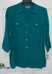 JM Collections Womans Plus size 16W Jade Linen Button Down Blouse - Picture 1 of 4