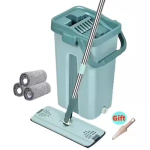 Flat Squeeze Mop with Bucket Hand Free Wringing Floor Cleaning Mop Microfiber Mo - Picture 1 of 8