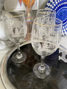 Libbey 8” Winter Scene Set Of 3 Wine Water Goblets White Frosted Trees Gold Rims - Picture 1 of 6