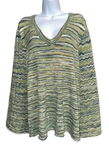 Jessica Simpson Sweater 1X Green & Blue Striped Soft Lightweight Flare Sleeves - Picture 1 of 5