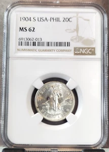 1904 S PHILIPPINES SILVER 20 CENTAVOS NGC MS 62 SCARCE MINT STATE - Picture 1 of 3