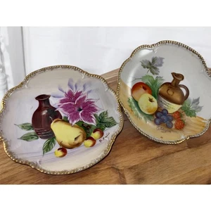 Pair of Vintage Hand Painted Fruit Plates Gold Trim Artist Signed - Picture 1 of 10