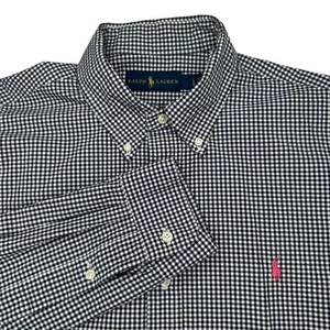 Ralph Lauren Button Down Long Sleeve 100% Cotton Shirt Navy Check Size LARGE - Picture 1 of 8
