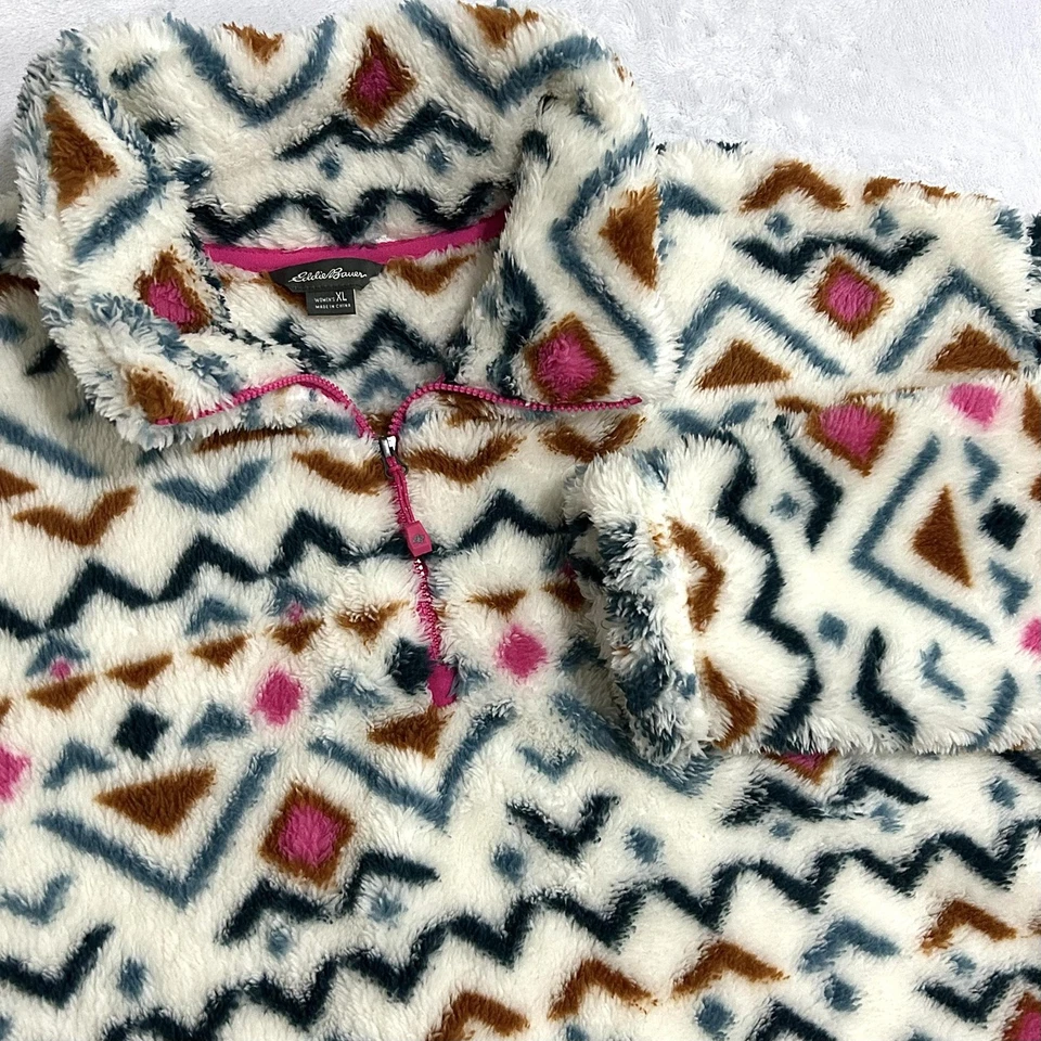 Eddie Bauer Sweater Womens XL Vanilla Aztec Sherpa Fleece Plush 1/4 Zip Pullover - Image 1 of 4
