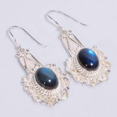 Labradorite Gemstone Vintage Handmade 925 Sterling Silver Earrings 2.1" H125 - Image 1 of 4