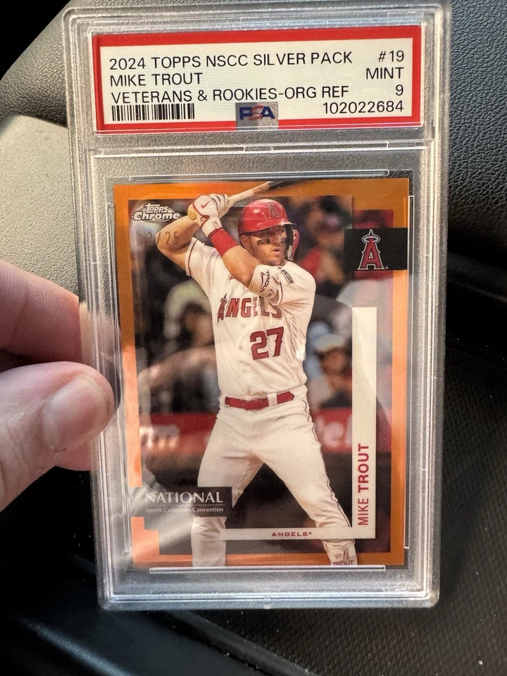 2024 Topps Chrome Mike Trout Orange /25 NSCC Silver Pack SP SSP PSA 9 - Image 1 of 3