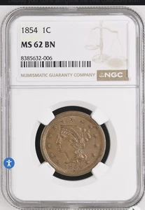 1854 BRAIDED HAIR LIBERTY HEAD LARGE CENT NGC MS62 BN!! - Picture 1 of 2