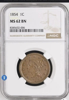 1854 BRAIDED HAIR LIBERTY HEAD LARGE CENT NGC MS62 BN!! - Image 1 of 2