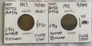 1943 British India Silver 1/4 Rupee Coin 1942 1/4 Rupee SILVER Low Mintage - Picture 1 of 7