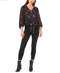 $79 Vince Camuto balloon sleeve floral print tie front Blouse Polyester Black M - Picture 1 of 3