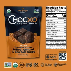 Chocxo Dark Milk Chocolate Toffee, Almond & Sea Salt Snaps 3.45 OZ Pack Of 1 - Picture 1 of 3