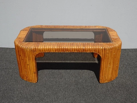 Vintage Mid Century Modern Bamboo Coffee Table Smokey Glass with Waterfall Edge Cover