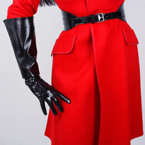 PATENT LONG GLOVES Unisex Faux Leather Elbow 50cm Large Shine Black PUFF SLEEVES