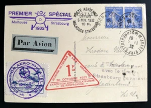 TIMBRE FRANCE : PREMIER VOL SPECIAL MULHOUSE / STRASBOURG 1932 CARTE OFFICIELLE - Photo 1/2