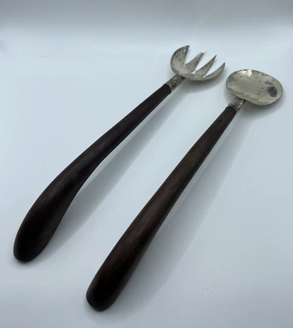 ASM Mexico Sterling Silver Salad Fork & Spoon Set Cuernavaca SIGNED Dark Wood Cover