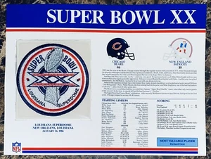 NFL Super Bowl XX 20 Patch Chicago Bears vs New England Patriots W/ Stats Card - Picture 1 of 1