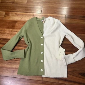 Peach Color Block Cardigan Ribbed Knit Button Front Sweater Green White M - Picture 1 of 8