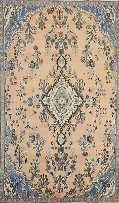 Vintage Muted Peach Floral Hamedan Area Rug 6x9 Wool Handmade Room Size Carpet - Image 1 of 4