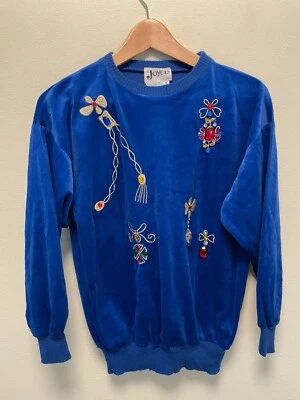 Vintage Womens Sweater Size 10 Blue Velvet Embroidered Embellished Wacky 80s - Image 1 of 4