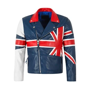 Men’s Cowhide Leather Biker Jacket – British Flag Edition - Ykk Zip - BEST SELL - Picture 1 of 6