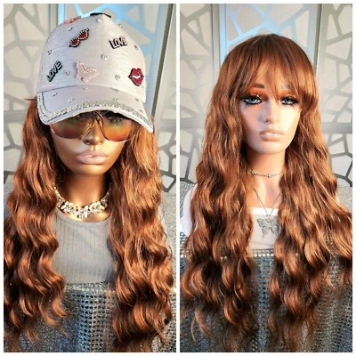 Peluca Roja de 28" Larga Peluca Roja Castaño Rojizo con Flequillos Peluca Ondulada Otoño Ombre Peluca Rizada Flequillos Foto 1 de 4