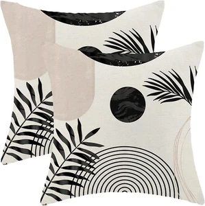 Boho Summer Pillow Covers 22 x 22 Inch, Black White Beige Leaf Decor Throw Pillo - Picture 1 of 7
