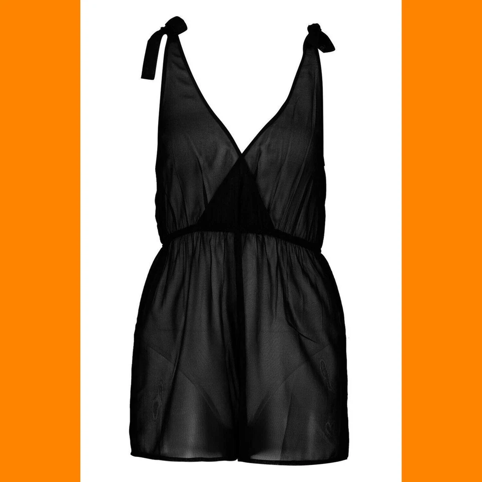 Schwarz Durchsichtig Overall Urlaub Strampler Krawatte Schulter Boohoo Eu M 10 - Bild 1 von 3