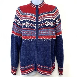 Maglione Tiara Donna Piccolo Full Zip Fair Isle Blu Rosso Cotone Rami Manica Lunga - Foto 1 di 10