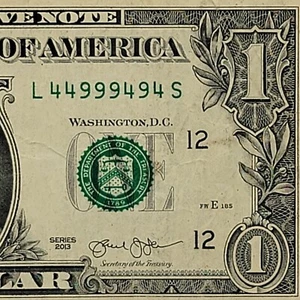 Binary Fancy Serial Number One Dollar Bill L44999494S FW 2013 Four 4s and 9s - Picture 1 of 8