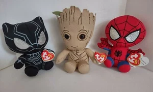 Ty Beanie Babies Marvel Groot Black Panther & Spider-Man 5"- 6" Plush w Tags  - Picture 1 of 10