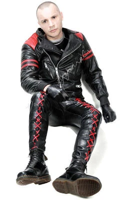 Pantalon jean à lacets en cuir rouge et noir fétiche bondage gay bulf GT - Photo 1/4