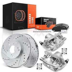 Front Drilled Rotor & Ceramic Brake Pads + Calipers for Honda Accord 03-17 Civic - Picture 1 of 9