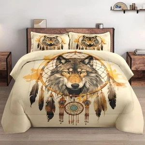 Queen Size Comforter Set with 2 Pillowcases, Colorful Tribal Wolf 3 Pcs Beddi... - Picture 1 of 7