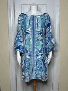 NWT TABI BOUTIQUE Bell Sleeve Graphic Print Resort Wear Silk Dress Women's M - Picture 1 of 6