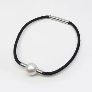 10.4mm Baroque White Freshwater Pearl Bracelet Bangle, Leather, 7.8" - Picture 1 of 6