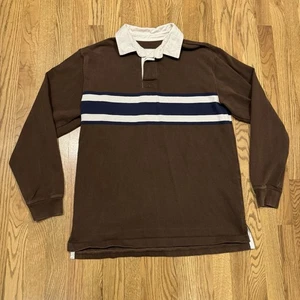 LL Bean Rugby Polo Long Sleeve Shirt Men's Size Medium Brown Blue Stripe - Picture 1 of 9