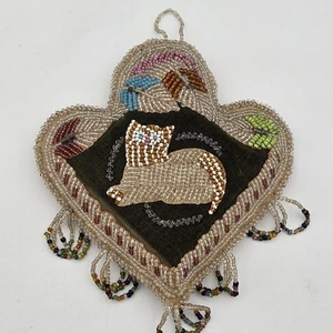 Vintage Indianer Irokesen Pfeilspitze Perlen Nadelkissen SELTEN KATZE Motiv EUC - Bild 1 von 11