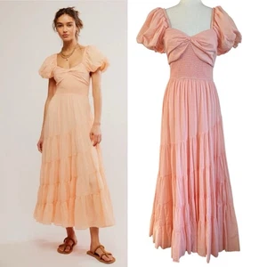 Free People Sundrenched Smocked Puff Sleeve Maxi Dress Tiered Large Milkmaid - Picture 1 of 18