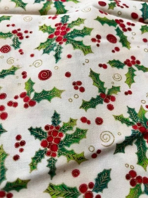 Laurel Burch Holiday Collection Clothworks Holly Clusters on Cream 1 yard + - Image 1 of 3