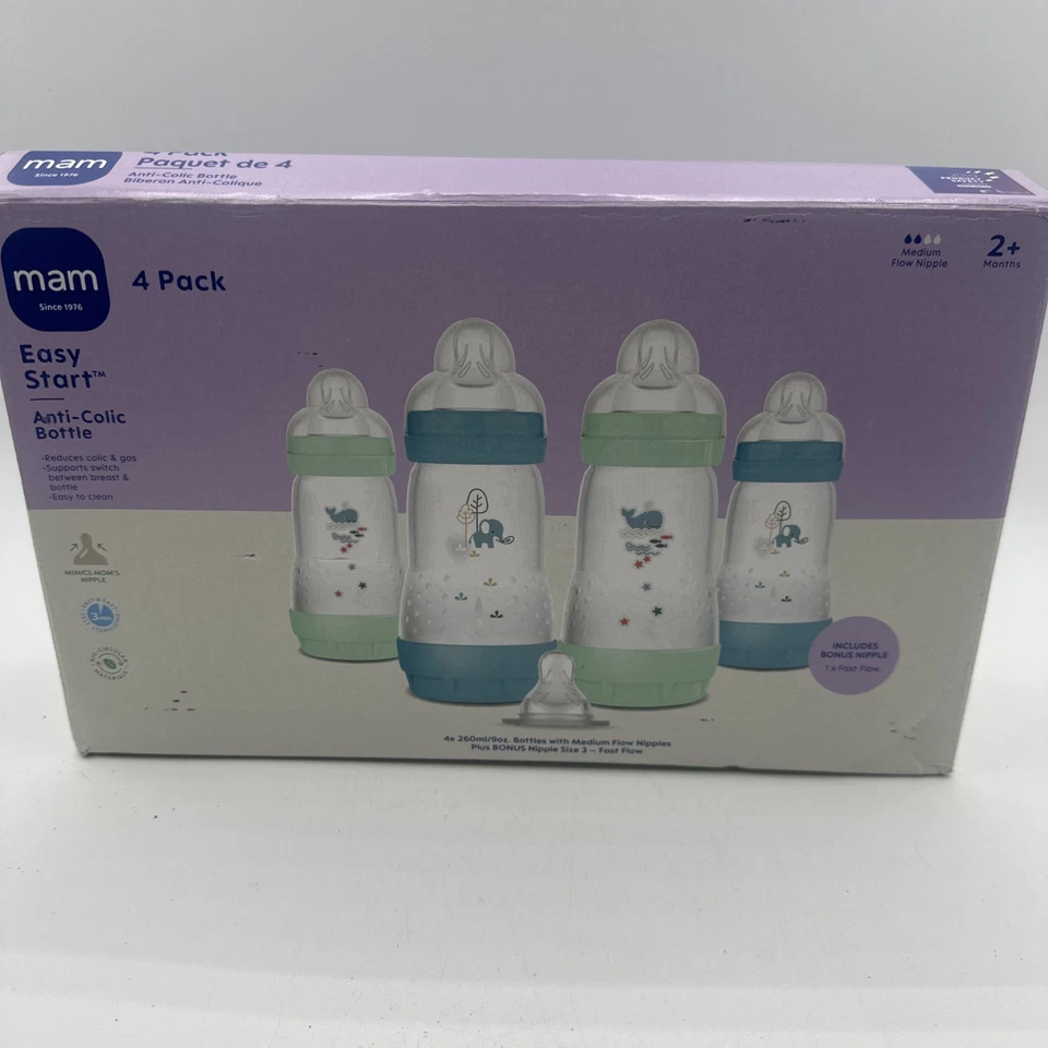 Paquete de 4 botellas Mam de 9 oz azul y verde fácil inicio 2+ meses-nuevo Foto 1 de 4