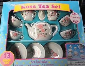 MINIATURE Collectible ROSE Porcelain Tea Set Girls  Toys New Old Stock Box Wear - Picture 1 of 5
