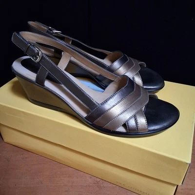 Softspots Strap Leather Gold/Bronze Wedge Sandals Women Size 9 Sling Back Shoe - Image 1 of 4