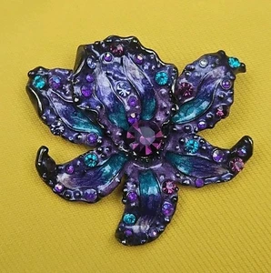 Vintage Purple Teal Rhinestones Enamel Flower Brooch Pin Jewelry - Picture 1 of 5
