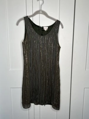 Vestido Parker verde oliva 100 % seda lentejuelas flecos sin mangas para mujer talla XS Foto 1 de 4