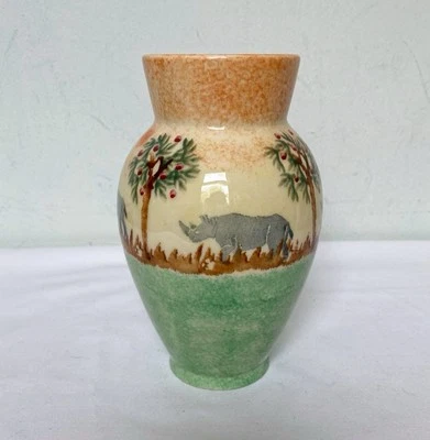 BRIXTON POTTERY Rhino Small Vase 6.5" Spongeware Safari Africa Made in Wales - Image 1 of 4