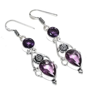 Purple Amethyst Gemstone 925 Sterling Silver Handmade Jewelry Earring Size 2.10" - Picture 1 of 1